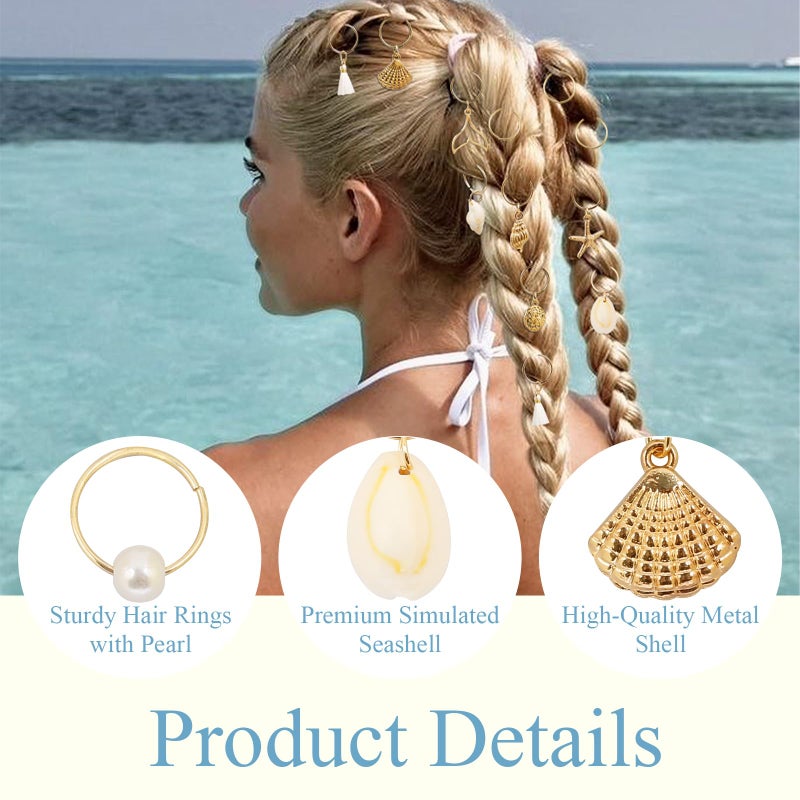 TEBIEKOY 24PCS Seashell Conch Starfish Loc Hair Charms Gold Hair Charms for Braids Summer Beach Style Braided Hair Ornaments Starfish Braids Clips Seashell Braids Accessories for Women Halloween Decor,Style1 - Image 3